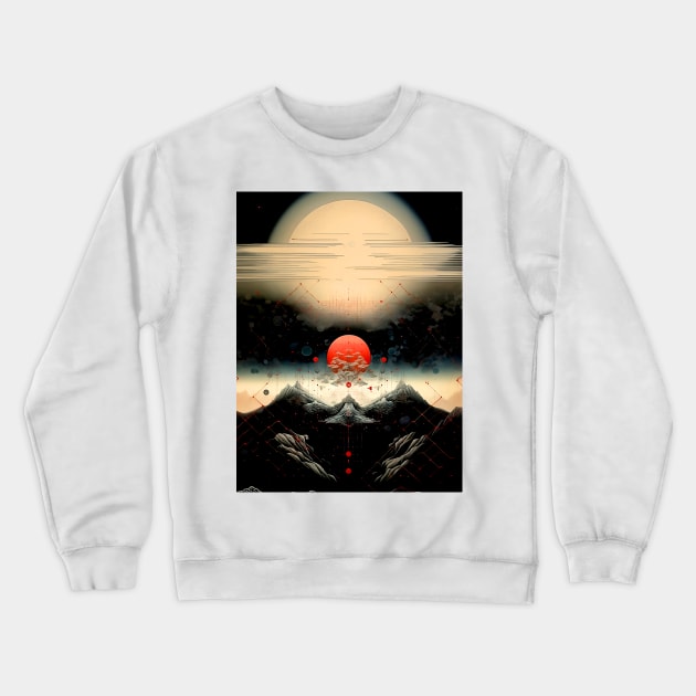 Japanese Geometry 7: Red Moon Landscape Crewneck Sweatshirt by Puff Sumo